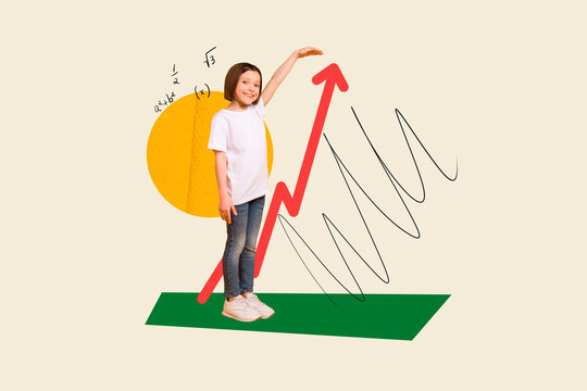 Collage portrait of intelligent cheerful small girl hand showing size growing upwards arrow algebraic equation formula isolated on creative background