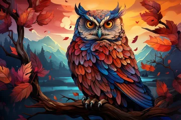 Keuken foto achterwand Uiltjes Colorful owl on a branch, many leaves. Beautiful illustration picture. Generative AI