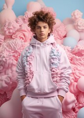 Portrait of a curly beautiful boy on the background of romantic clouds. Pastel pink gentle colors