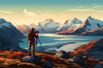 Photographer is taking images of majestic landscape with mountains. Beautiful illustration picture. Generative AI