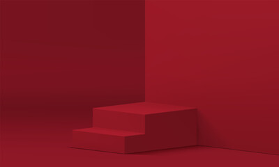 3d stairs podium platform with steps red wall backdrop modern promo studio interior vector