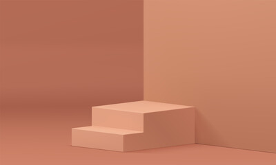 3d beige stairs podium platform with steps and wall backdrop neutral promo studio interior vector