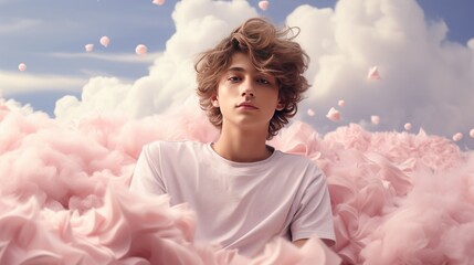 Portrait of a curly beautiful boy on the background of romantic clouds. Pastel pink gentle colors