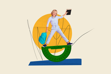 Banner 3d collage sketch billboard of happy positive funky schoolkid preparing 1 september hand...