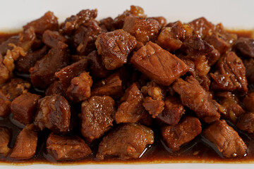 Sweet Pork Condiment (Thai name is muu waan) Thai streaky pork menu with coconut or palm sugar and black sauce , Asian Food