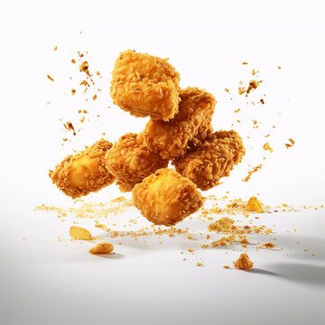 Fresh chicken nuggets floating in the air. Tasty and delicious .