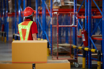 back view worker pushing cart with corrugated boxes in the warehouse storage