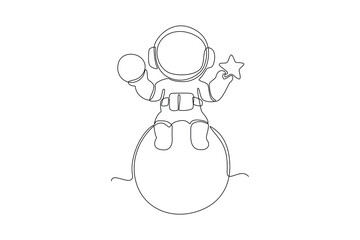 One continuous line drawing of Planets, stars, asteroids, and comets in outer space. Galaxy concept. Doodle vector illustration in simple linear style. 