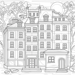 Building and nature.Coloring page antistress for children and adults. 