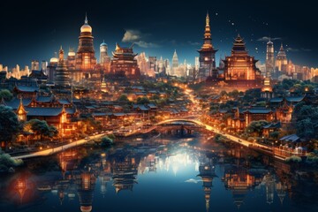 Fototapeta na wymiar Ethereal celestial neon city. Beautiful illustration picture. Generative AI