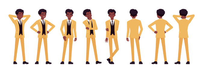 African american yellow suit man, businessman set, different standing poses. Standup performer comedian, office consultant, entertainer. Vector flat style cartoon character isolated, white background