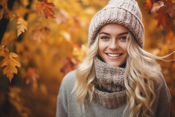 Pretty woman with knitted hat and scarf in autumn forest