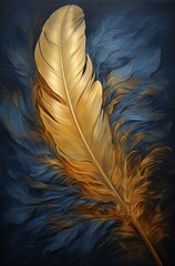 Gold feather on a blue background in the style of an oil painting 3d illustration.