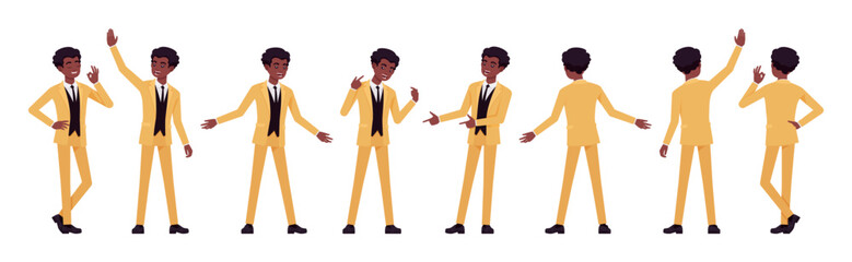 African american yellow suit man, businessman set, positive emotions. Active standup performer comedian, office consultant, entertainer. Vector flat style cartoon character isolated, white background