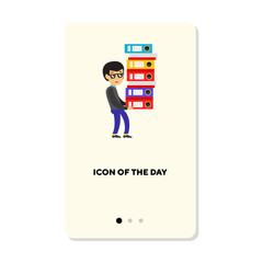 File clerk carrying pile of folders on white background. Archive, bookkeeping cartoon illustration. Documentation and recordings concept. Vector illustration symbol elements for web design