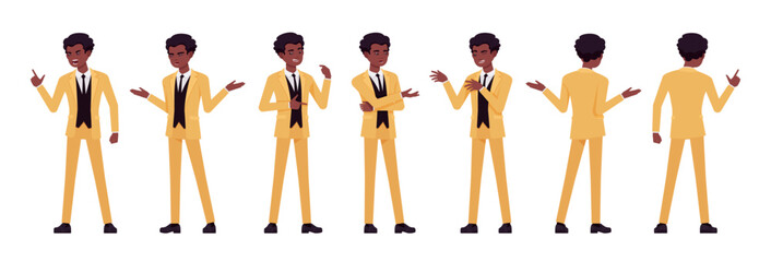 African american yellow suit man, businessman set, talk, speak, scream poses. Standup performer comedian, office consultant, entertainer. Vector flat style cartoon character isolated, white background