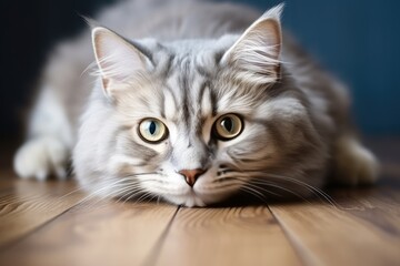 Older gray cat with blue eyes laying on wooden floor