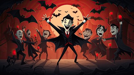 A lighthearted vampire party with Dracula dancing and bats in silly poses - Generative ai - obrazy, fototapety, plakaty