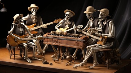A skeleton band playing humorous instruments, like a xylophone made of bones - Generative ai - obrazy, fototapety, plakaty