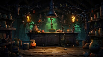 Obraz na płótnie Canvas A witch's kitchen with playful potions bubbling over and a clumsy cat knocking things over - Generative ai