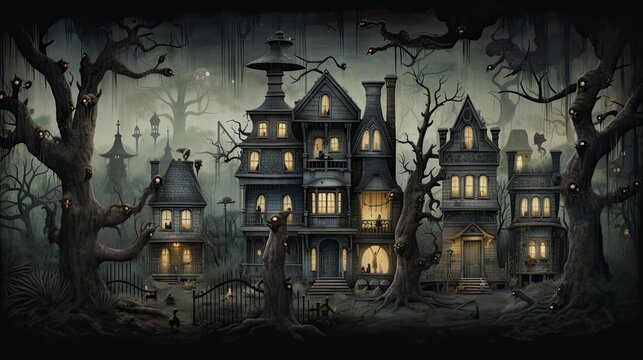 A haunted house with exaggeratedly large doors and windows, and quirky creatures peeking out - Generative ai