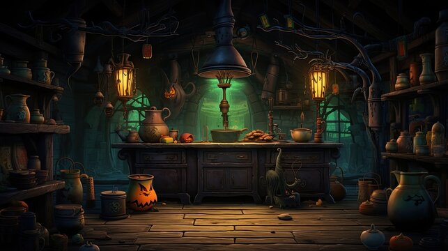 A witch's kitchen with playful potions bubbling over and a clumsy cat knocking things over - Generative ai