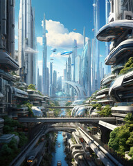 Futuristic Cityscape: A three-dimensional illustration of a modern metropolis with skyscrapers, showcasing a futuristic and creative urban landscape, perfect for concepts related to city life