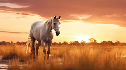 Animal photography horse with natural background in the sunset view, AI generated image - obrazy, fototapety, plakaty