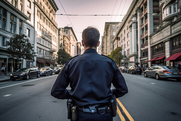 Back view of police officer paroling city street. - obrazy, fototapety, plakaty