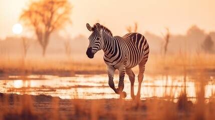 Animal photography zebra horse with natural background in the sunset view, AI generated image