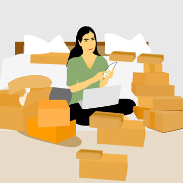 Business start-up concept, Business women start up small business entrepreneur, freelancer, women working at home with online parcel delivery.