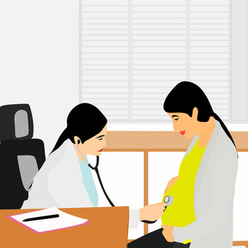 Female Doctor giving health check to pregnant woman using a stethoscope.
