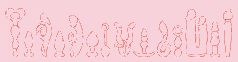 Outline sex toys. Red erotic set on a pink background. Hand drawn. Line art. Modern style.