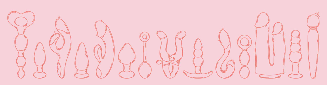 Outline sex toys. Red erotic set on a pink background. Hand drawn. Line art. Modern style.