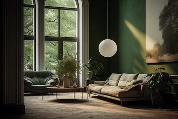 Tapeten Round wooden coffee table podium, black steel leg, sage green suede leather sofa in sunlight on concrete wall, background 3D. generative AI © TimosBlickfang