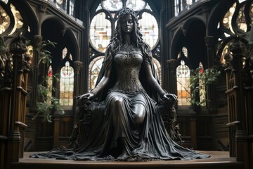 Madonna Whore Complex explored: a classic statue of Holy Mary reimagined in contemporary attire