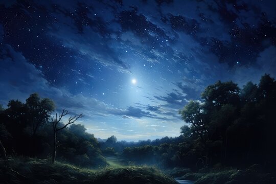 Night Blue Starry Sky Landscape Painting