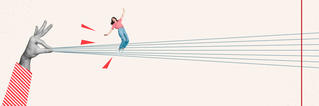 Horizontal poster collage picture of human arms fingers hold rope small girl walking keep balance isolated on painted background