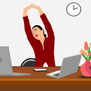 Vector of Stressful or tired businesswoman working at workplace. 