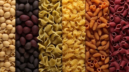 Generative AI, Variety of types, colors and shapes of Italian pasta, texture background
