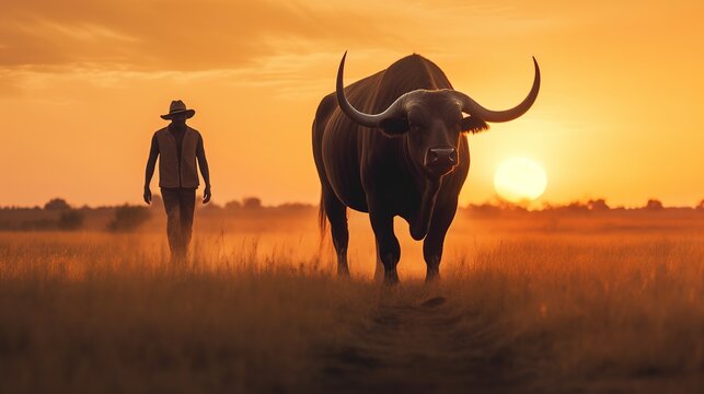 Animal wildlife photography buffalo with natural background in the sunset view, AI generated image