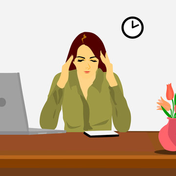 Vector of Stressful or tired businesswoman working at workplace. 