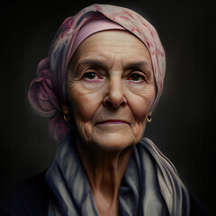 Portrait of an elderly woman with a headscarf on dark background. Cancer survivor. Cancer awareness concept.