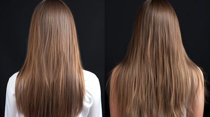 Keratin applied to hair and before and after photo of care