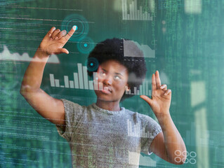 Hologram, virtual panel or business black woman typing on stock market dashboard, graph or economy...