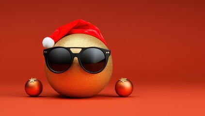 Christmas background with Christmas ball, gift, red hat / Christmas background