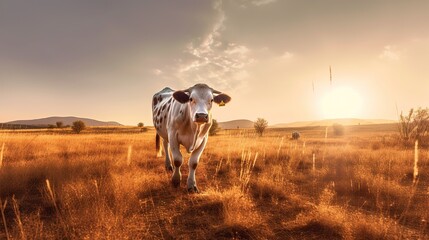 Animal wildlife photography cow with natural background in the sunset view, AI generated image - Powered by Adobe