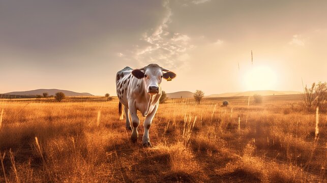 Fototapeta Animal wildlife photography cow with natural background in the sunset view, AI generated image