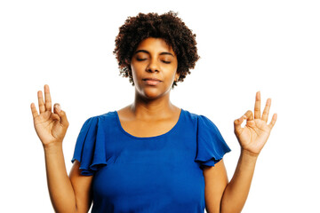 Calm woman relaxing meditating, no stress free relief at work concept, mindful peaceful young african woman practicing breathing yoga exercises