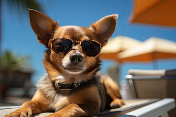 Chihuahua dog at ocean sea beach wearing sunglasses lying on beach chair and looking at camera